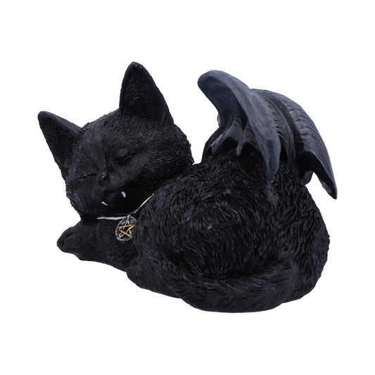 A black cat figurine, featuring bat wings and vampire fangs, reclines while wearing a pentagram necklace. The background is plain white, emphasizing the mystical and whimsical appearance of the cat.