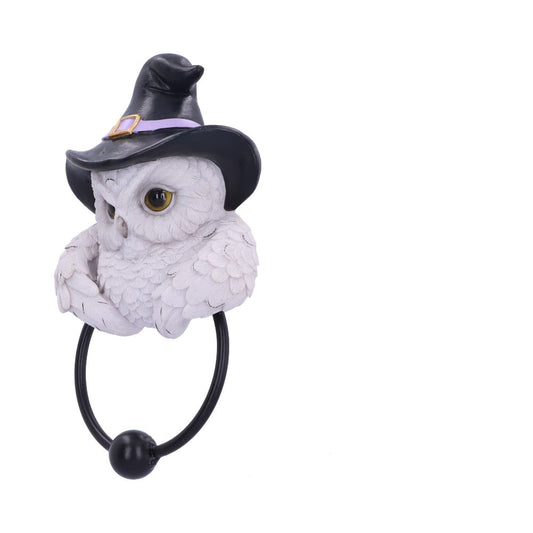 A white owl figurine wearing a witch's hat acts as a towel ring against a white background.