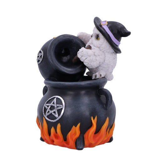A white owl, wearing a witch's hat, stirs a cauldron atop a larger cauldron; both cauldrons are black with pentagrams, sitting on flames.
