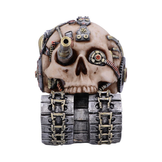 A skull-shaped sculpture with mechanical elements, including gears and wires, features a cannon protruding from one eye socket, set atop tank-like tracks on a plain white background.