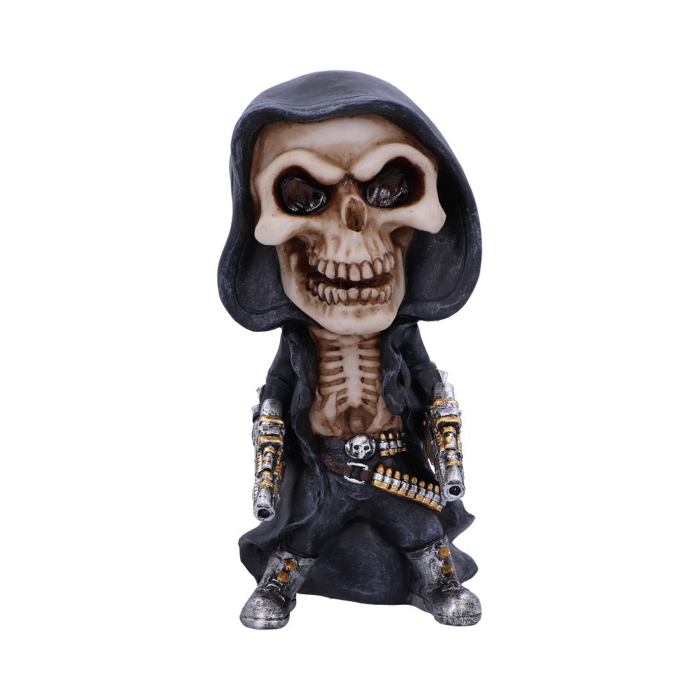 Skeleton figurine wearing a dark hooded robe, holding two metallic pistols. The figure has an exaggerated grin, standing against a plain white background.