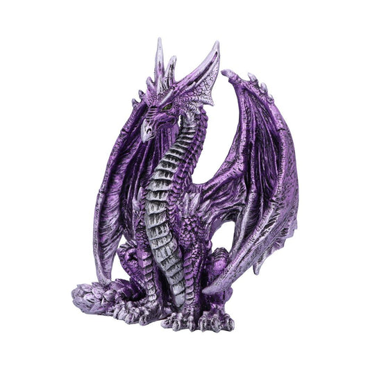 A silver and purple dragon figurine, with wings partially open, sits regally on a flat surface. The dragon’s intricate scales and fierce expression are prominently detailed.