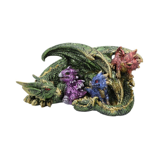 A detailed, colorful sculpture depicts a green dragon curled protectively around three smaller dragons in purple, blue, and red. The setting is neutral, emphasizing the dragon figures.