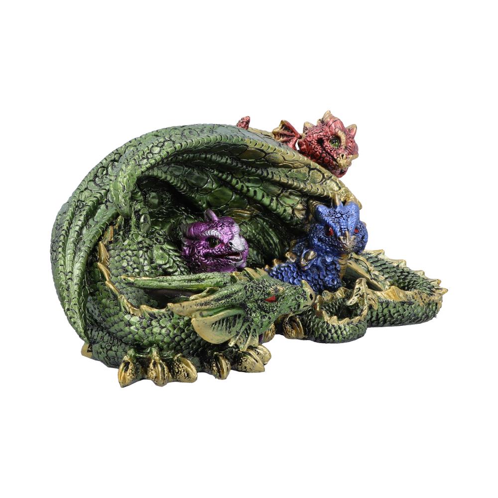 A green dragon figurine curls protectively around three dragonlings in purple, blue, and red, on a plain white background, showcasing a fantastical, mythical scene.