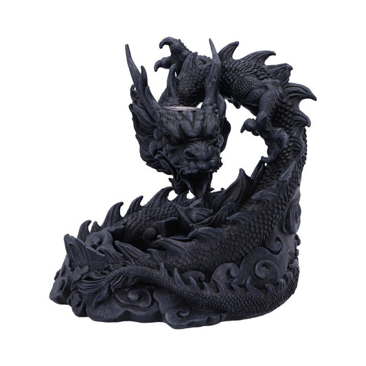 A black dragon figurine coils around a small, circular receptacle; it sits on a sculpted base suggesting water, isolated on a white background.
