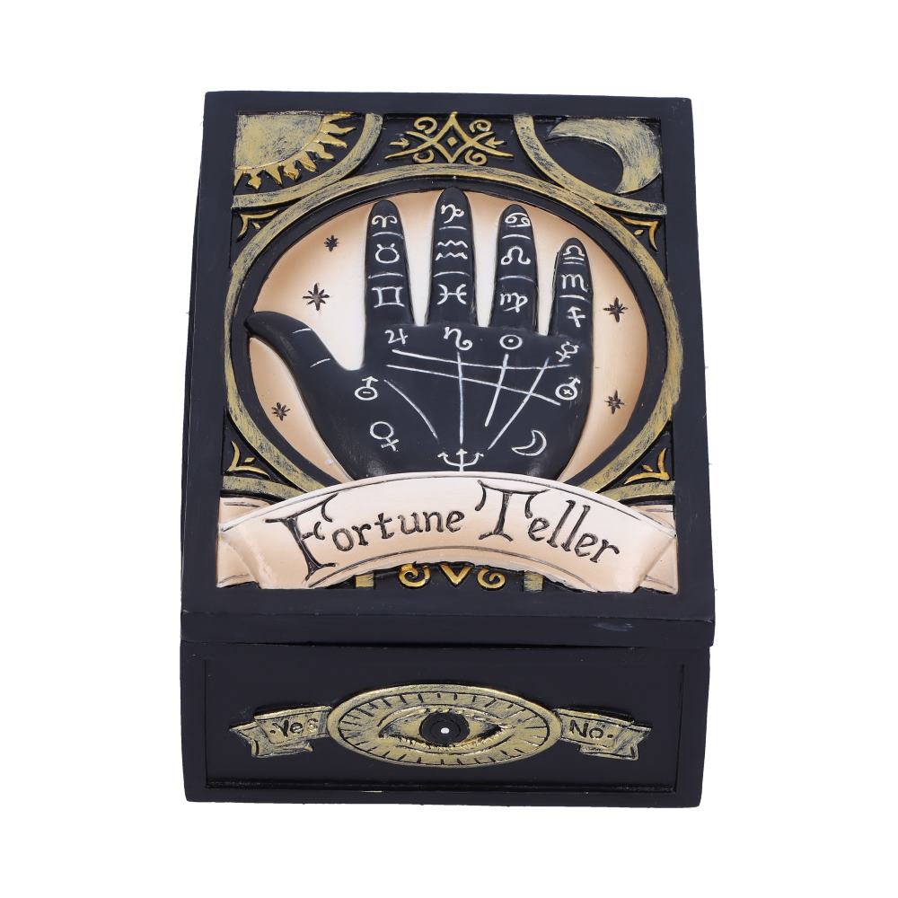 A box features an illustrated palm with astrological symbols, surrounded by ornate designs. Text reads "Fortune Teller." Below is a stylized eye with "Yes" and "No" on either side.