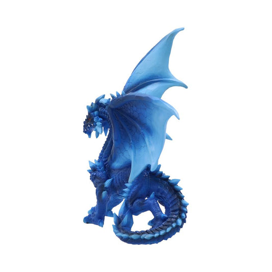 A blue dragon figurine stands with wings outstretched and tail curled, set against a plain white background.