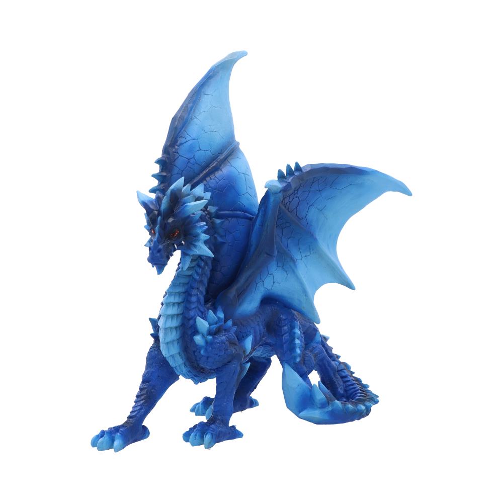 A blue dragon figurine crouches with wings extended, showcasing detailed scales and spikes. It appears isolated against a plain, neutral background.