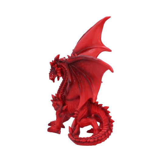 A detailed red dragon figure stands poised with wings spread, tail coiled, and mouth slightly open. The context is a plain white background, highlighting the dragon's features.