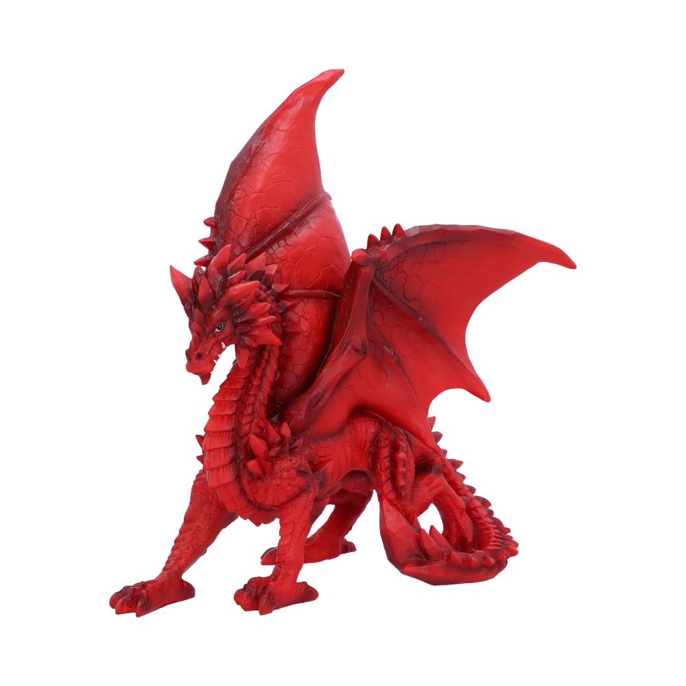 A red dragon figurine sits with wings unfurled, showcasing intricate scales and fierce expression, set against a plain white background.