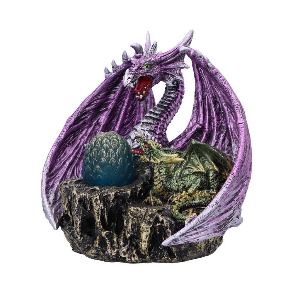 A large purple dragon with outstretched wings guards a green dragon egg and a smaller green dragon on a rocky base.