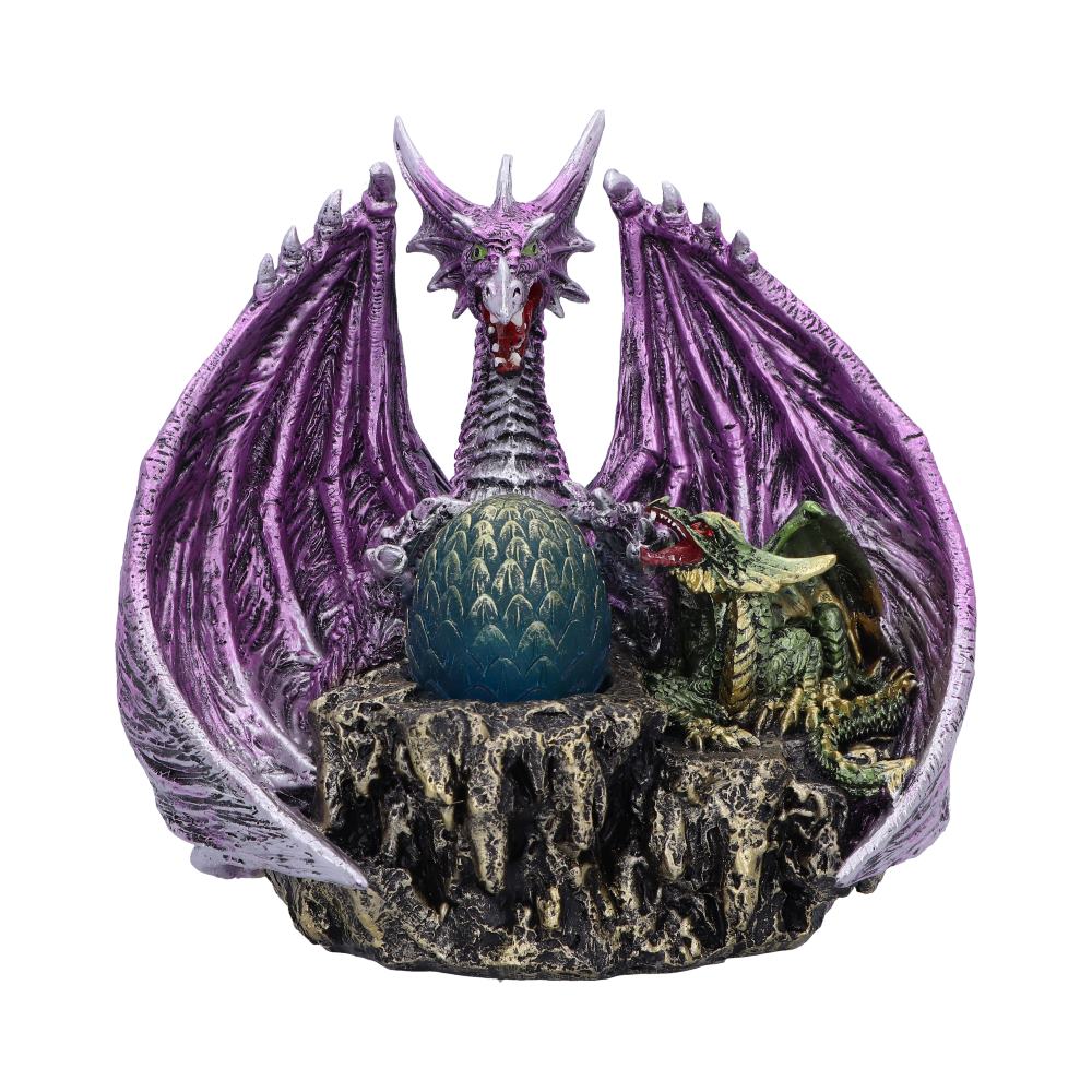 A purple dragon with spread wings guards a large blue egg, while a smaller green dragon sits nearby on a rocky pedestal, creating a mythical scene.