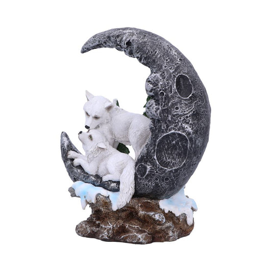 White wolves rest on a crescent-shaped rock, resembling the moon, surrounded by snowy textures and supported by a rugged, earthy base.