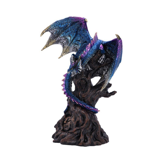 A vibrantly colored dragon with blue and purple scales curls around a gnarled tree trunk, with a human face carved into the wood, set against a plain white background.