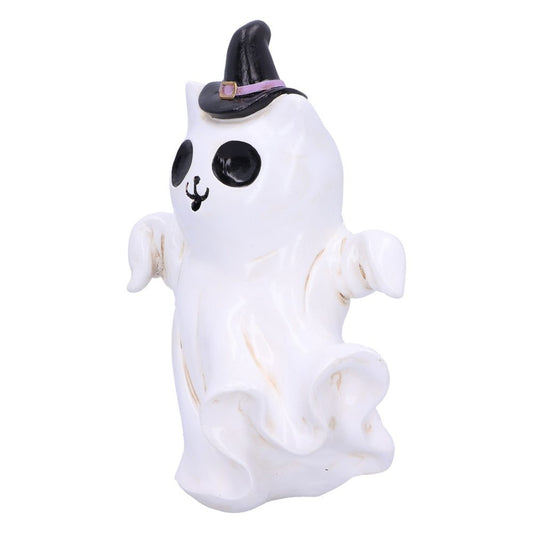 A ceramic cat-like figure dressed as a ghost wears a black witch hat, with its paws raised playfully. It features large black eyes and a simple, cartoonish face.