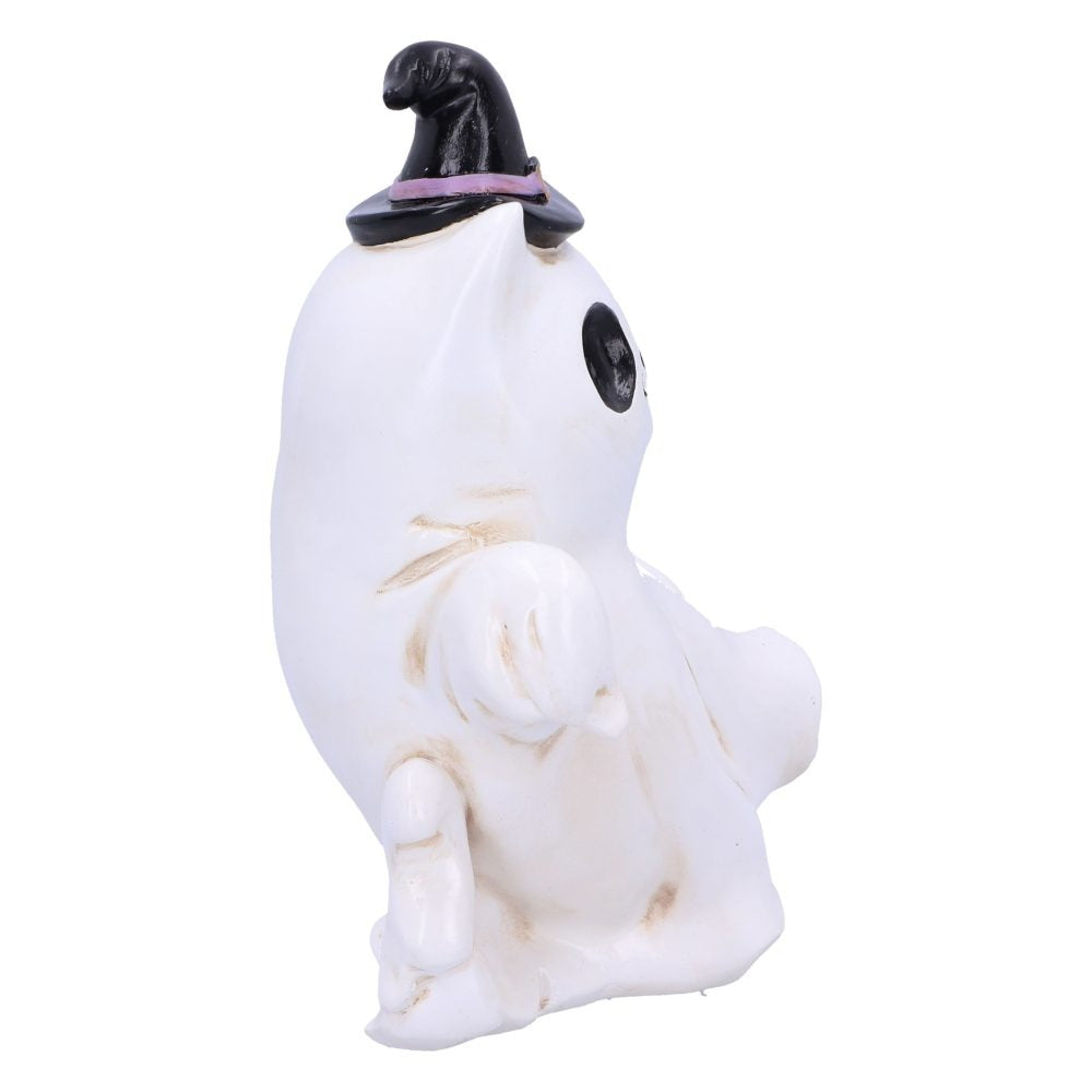 A small white ceramic ghost statue wearing a black witch hat rests on a flat surface, viewed from a side angle against a plain white background.