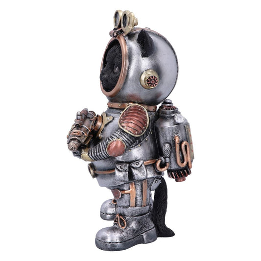 A steampunk-style cat figurine, dressed in a metallic diving suit with intricate gear details, stands on a white background, featuring a tail and helmet with goggles.