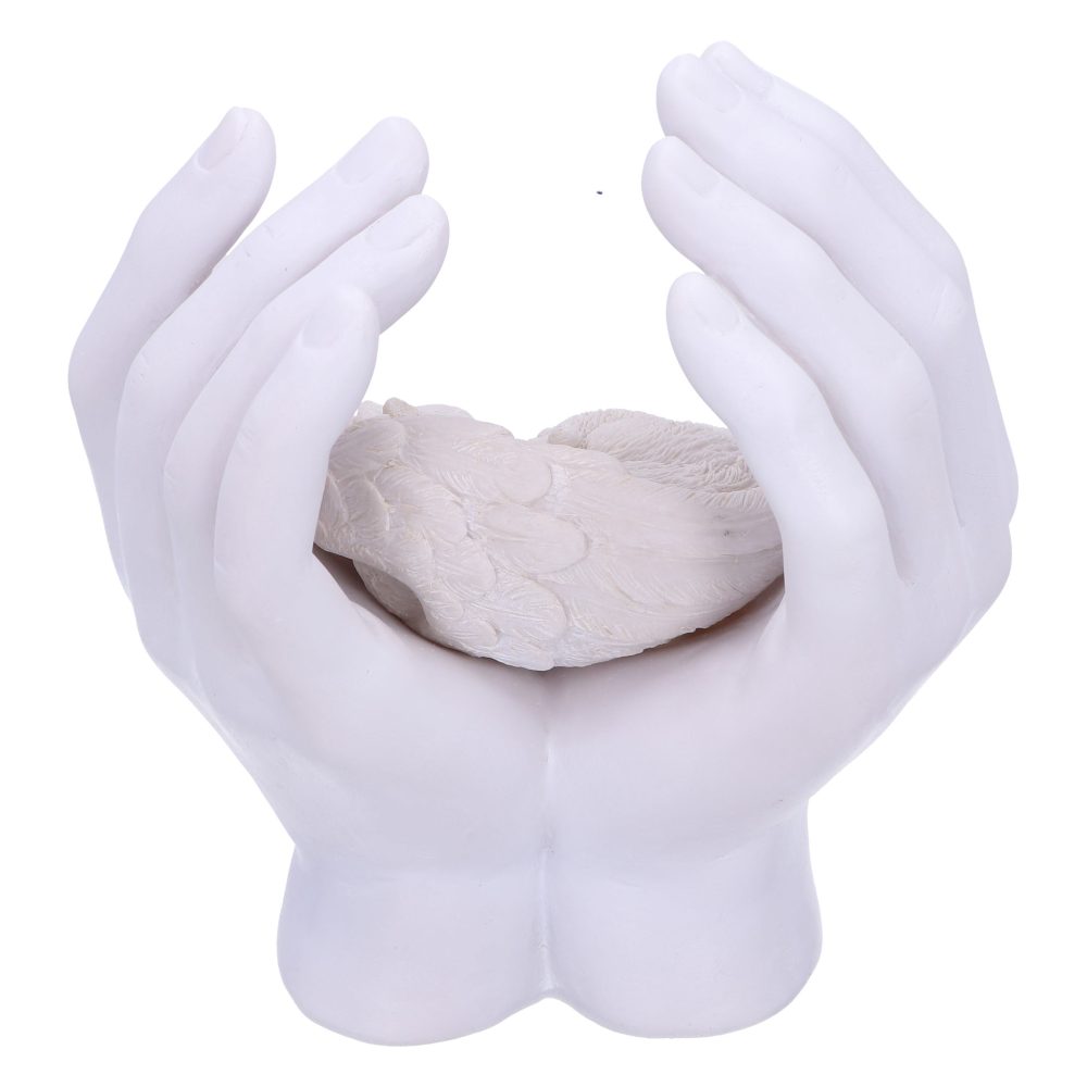 Two sculpted white hands gently cradle a small, detailed bird with textured feathers, creating a protective and serene display on a plain white background.