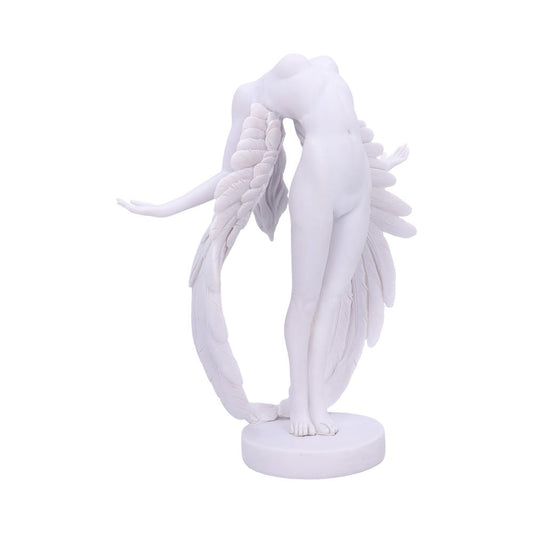 A white, headless statue of a winged human figure, arching back gracefully with arms outstretched, stands on a circular base, surrounded by minimalistic space.