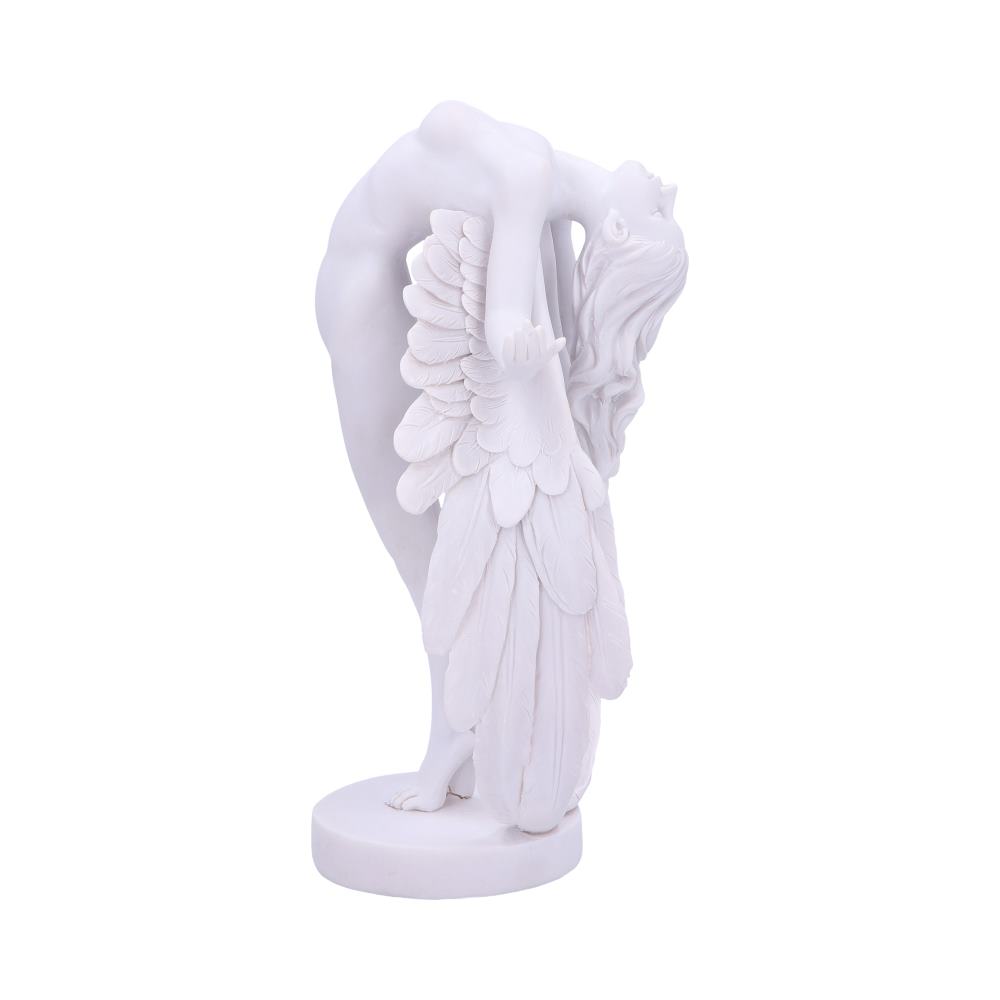 A white sculpture depicts a human figure with wings bending backward gracefully. The figure's hair flows down, and it is positioned on a round base in a minimalist setting.