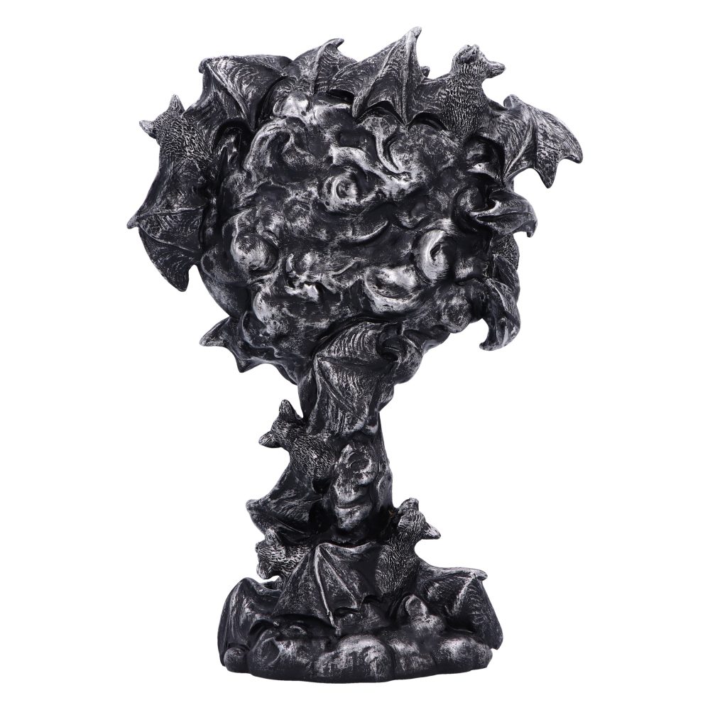 A black, bat-shaped sculpture features numerous bats intricately clustered together, forming a tree-like structure. The artwork is set against a plain white background, emphasizing its Gothic style and texture.