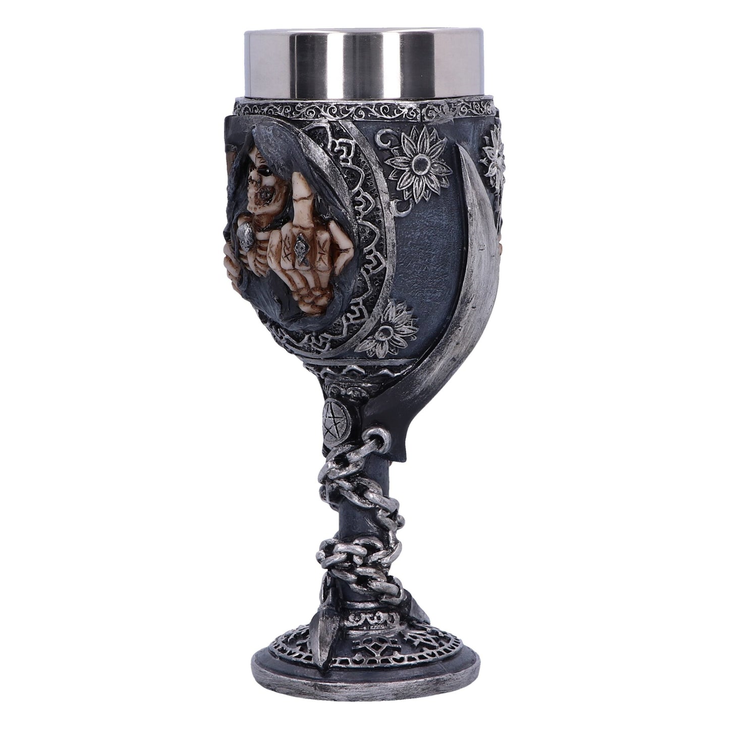 A silver chalice features a stainless steel cup, a dark gray base with a chain design, and a decorative middle featuring a hooded skeleton holding up a middle finger.