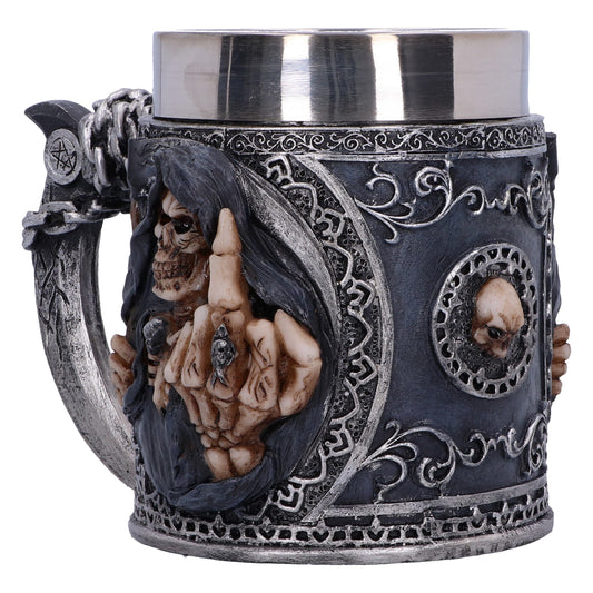 A decorative beer mug features a Grim Reaper figure on its side giving the middle finger, surrounded by skulls and gothic patterns, all against a plain, white background.