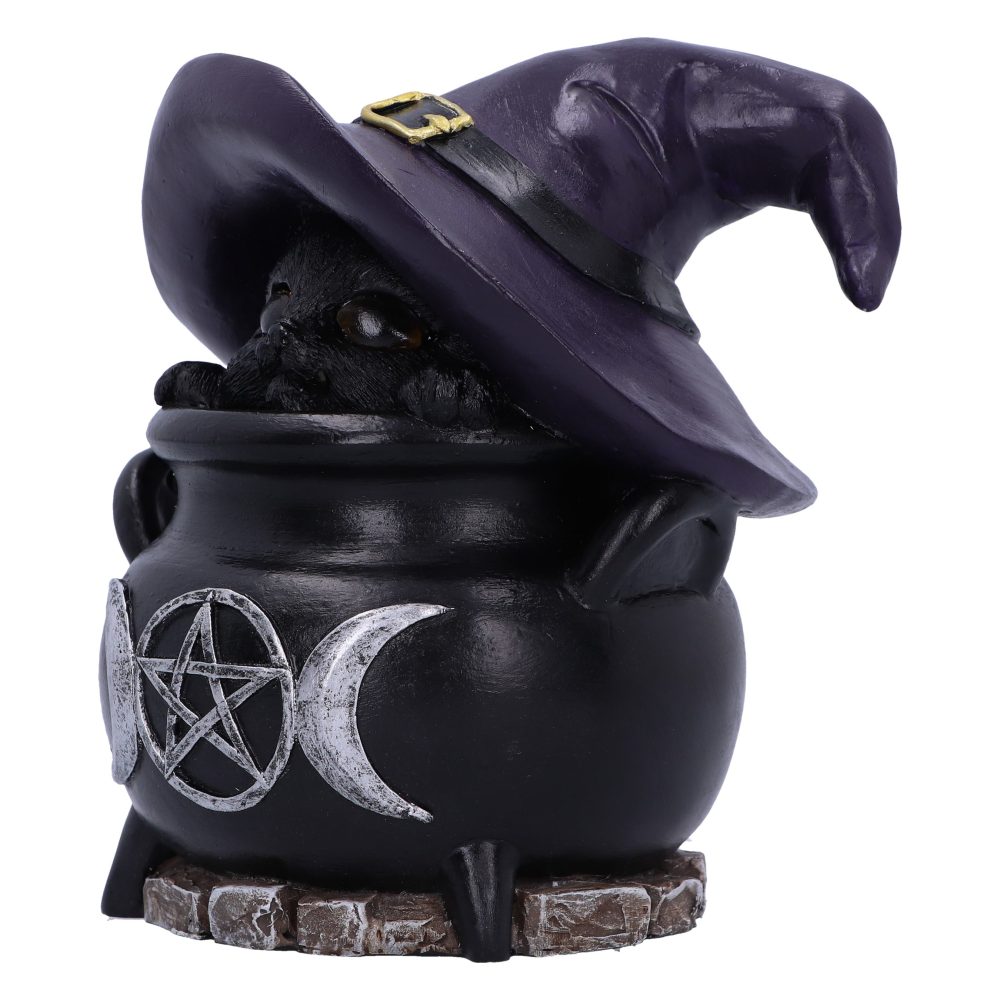 A black cat wearing a purple witch hat peeks from a black cauldron adorned with a pentacle and crescent moons, set on a stone base.