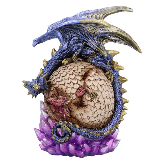 A blue and gold dragon wraps protectively around a large, cracked egg while a baby dragon emerges, surrounded by purple crystal formations.