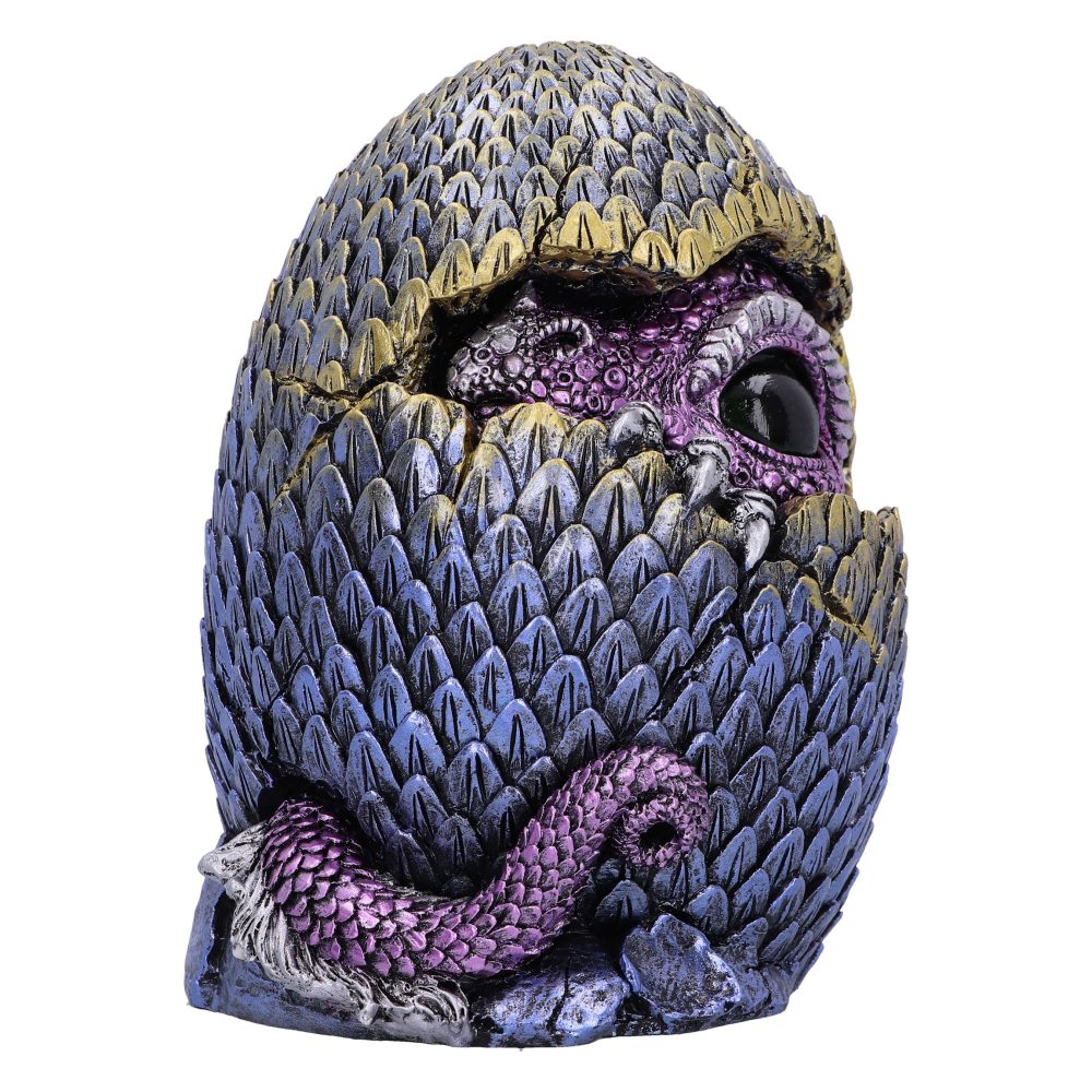 A dragon hatching from an egg, showing its eye, claws, and tail. The egg has blue and gold scales. The context is plain, emphasizing the intricate design.