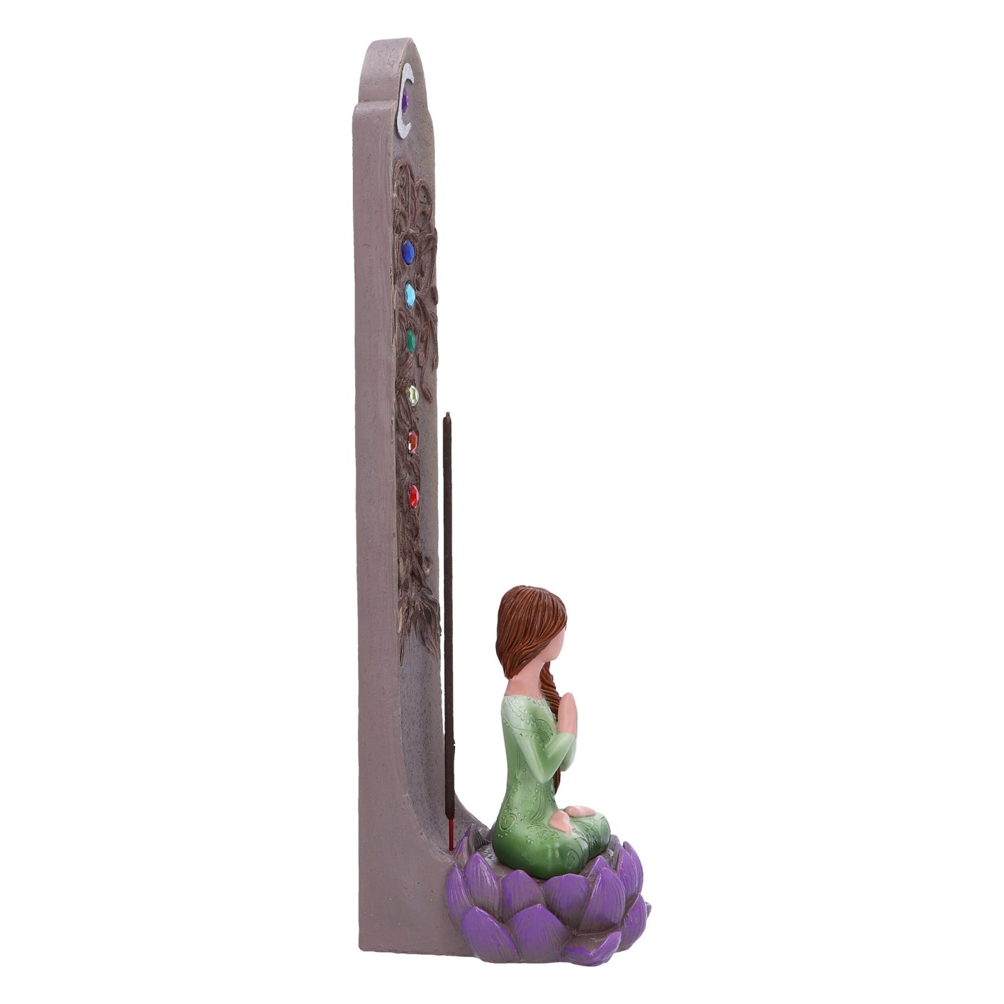A resin incense burner, shaped like a meditating girl on a lotus flower, holds a burning incense stick. The burner features a grey stand with carved detailing and colored gemstones.