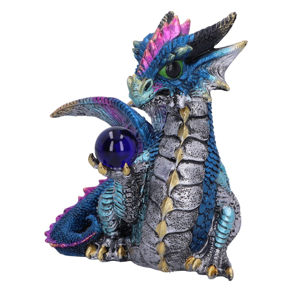 A small, vibrant dragon figurine holds a purple crystal ball with its claw. It features intricate blue, silver, and pink scales and spines, surrounded by a plain white background.