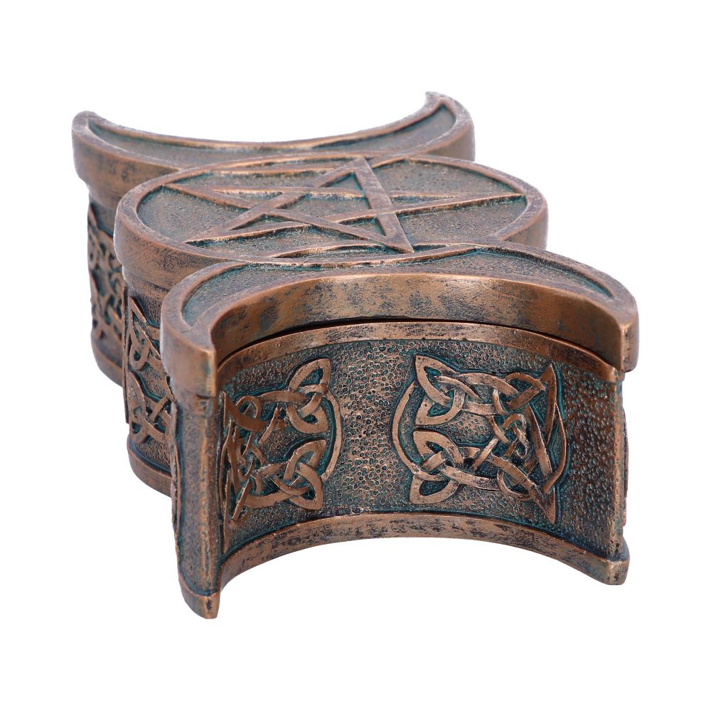 Bronze crescent-shaped box with intricate Celtic knot designs and embossed pentacle star on top, displayed against a plain white background.