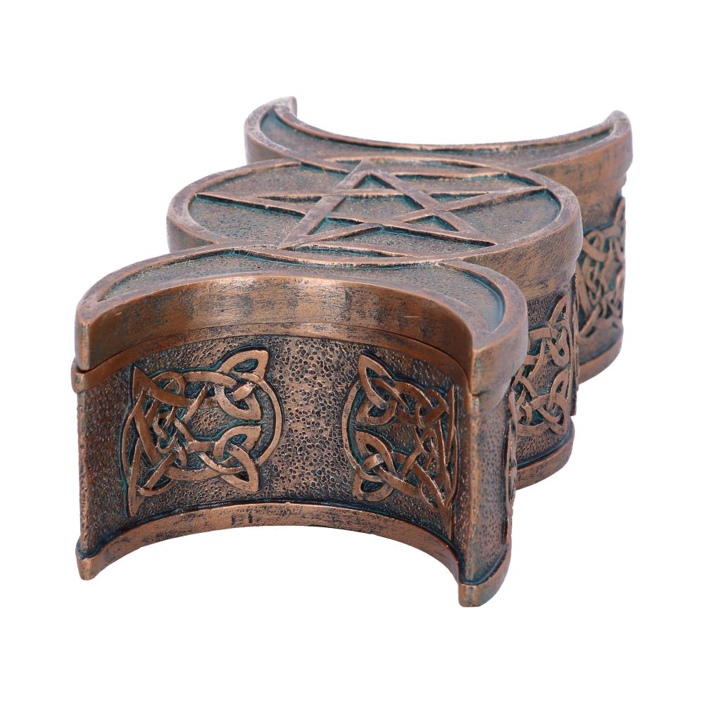 Bronze-colored trinket box displaying a raised pentagram on its lid, adorned with intricate Celtic knot designs, set against a plain white background.