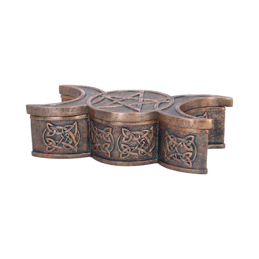 Bronze-colored, Celtic-inspired trinket box with intricate knot patterns and a pentagram on the lid, set against a plain white background, highlighting its ornamental design.