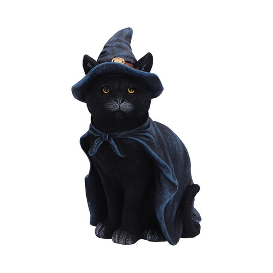 A black cat figurine wearing a witch's hat and a cape sits attentively. The hat has a buckle, and the cape is tied with a ribbon. The background is white.