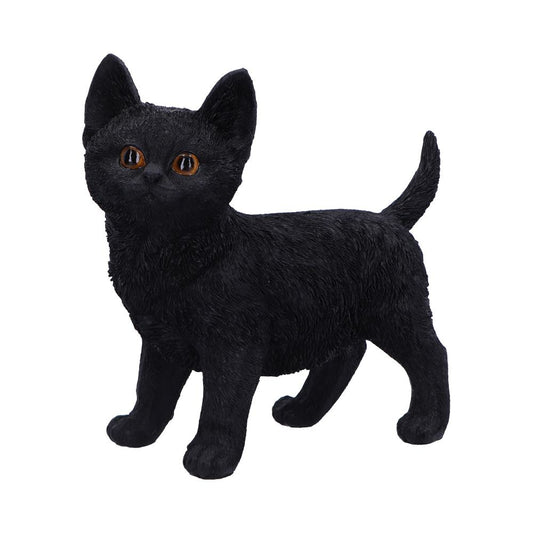 A small, realistic black cat figurine stands upright with alert orange eyes and perky ears, set against a plain white background.