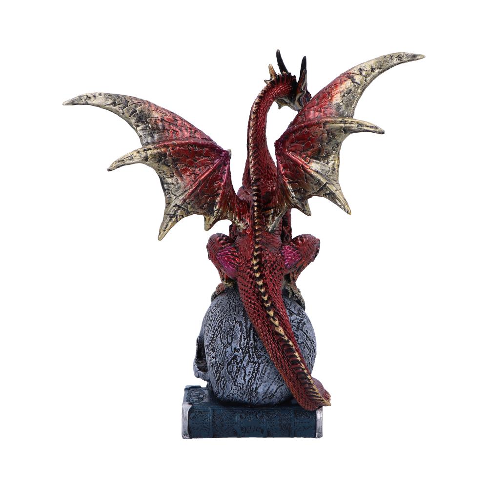 A red dragon figurine, facing away, sits atop a textured sphere. Its wings are spread in a defensive posture, and it rests on a decorative rectangular base.