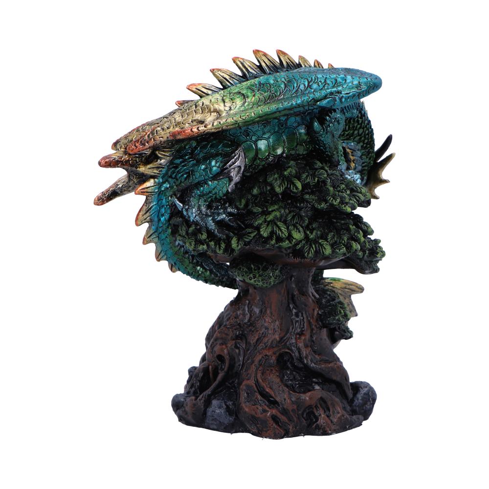 A dragon figurine with iridescent scales coils around a tree, its body intricately detailed. The dragon's colors blend from green to blue, set against a textured tree trunk.