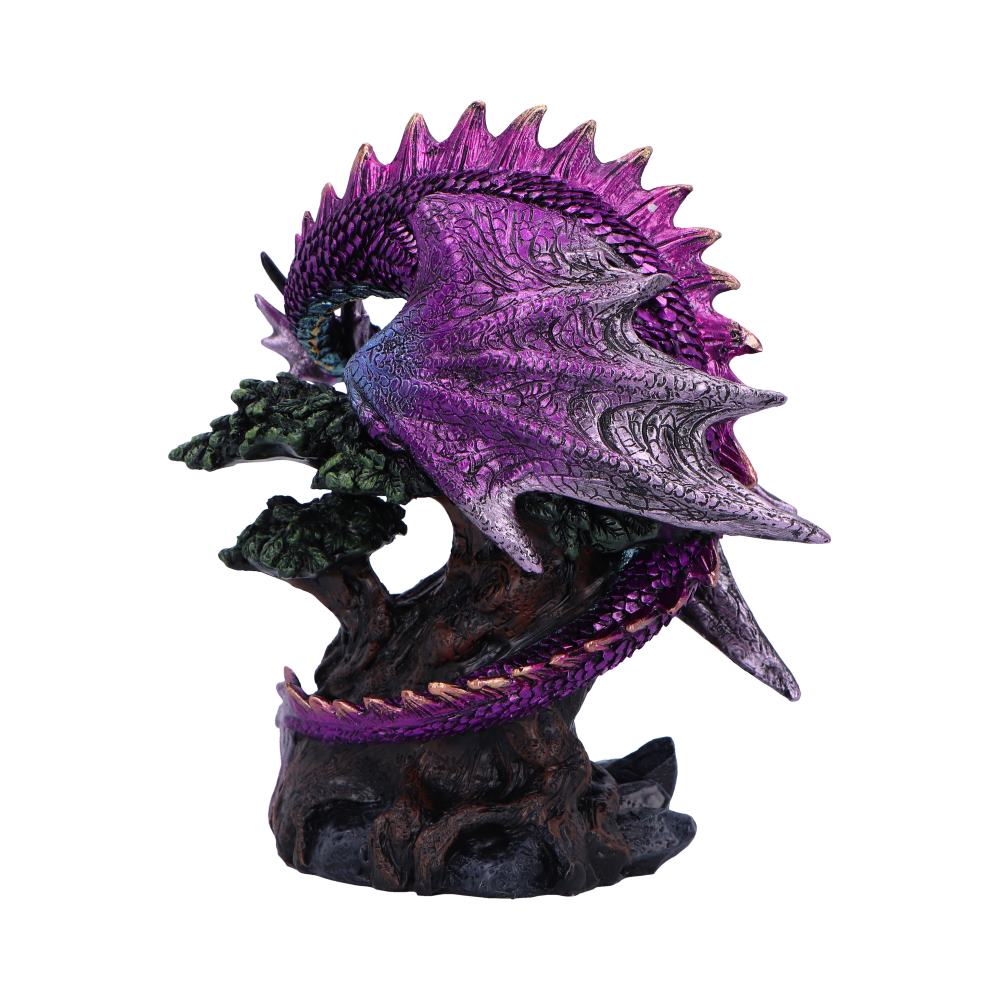A detailed, purple dragon figurine wraps around a tree trunk, its tail coiling through the branches, with textured wings and spikes accentuating its intricately carved design.