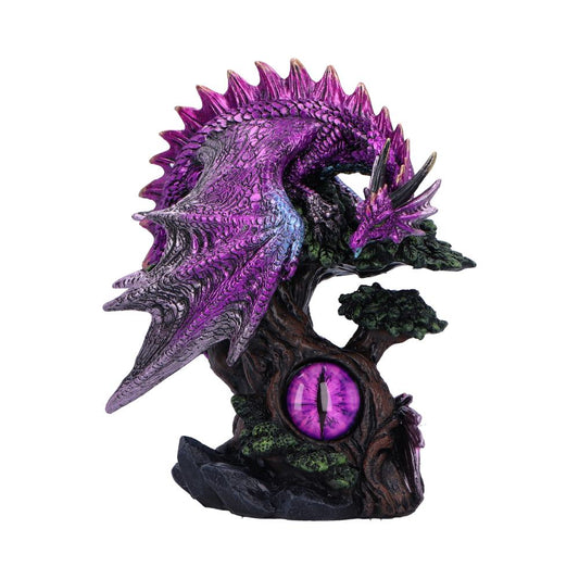 A vibrant purple dragon curls around a tree, which features a large, mystical eye on its trunk. The dragon's intricate scales and wings add to its magical appearance.