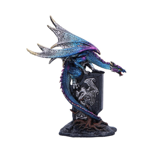 A colorful dragon figurine with outstretched wings sits atop a black shield adorned with intricate dragon designs. The base is rocky, resembling roots emerging from the ground.