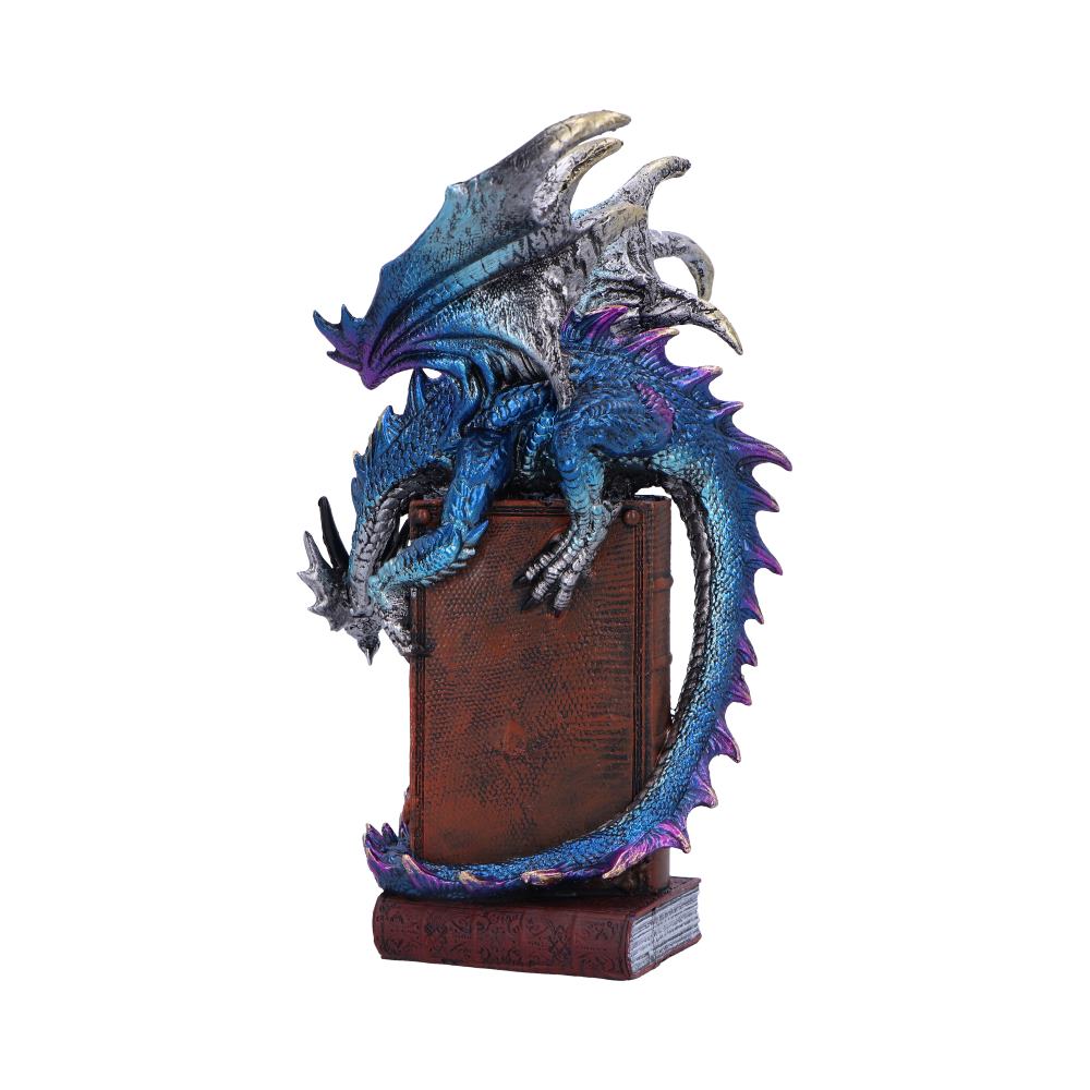 A detailed blue and silver dragon wraps around a brown, textured book, perched atop another book, against a plain white background.