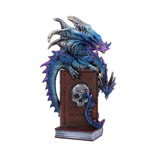 A blue and purple dragon figurine, perched on an ornate book, displays intricate scales and horns. The book features a skull design and text "DRAGONS of the…" in a mystical style.