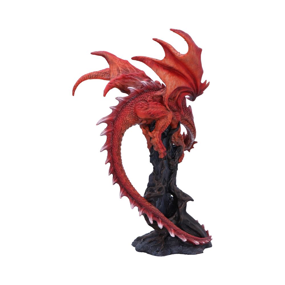A red dragon figurine dramatically perches on a jagged, dark rock, wings outstretched and tail curling downward, evoking a sense of dynamic power and mythical presence.