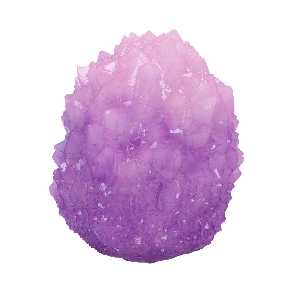 A translucent, egg-shaped object made of clustered purple crystals, sits against a white background, highlighting its faceted, shimmering surface.