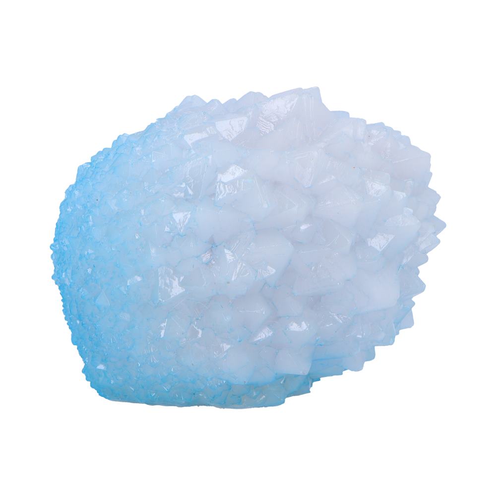 A cluster of pale blue crystals sits on a white background, with sharp, angular facets reflecting light, creating a glossy appearance.