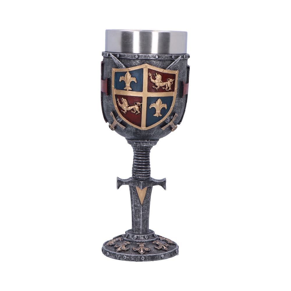 A medieval-themed goblet sits upright against a white background. The goblet features a shield design with fleur-de-lis and lion emblems, a sword hilt stem, and a metallic cup interior.