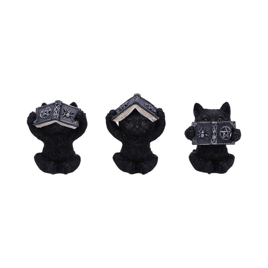 Three Wise Spell Cats Figurines – hand-painted resin spell cat trio in see no evil, hear no evil, speak no evil poses