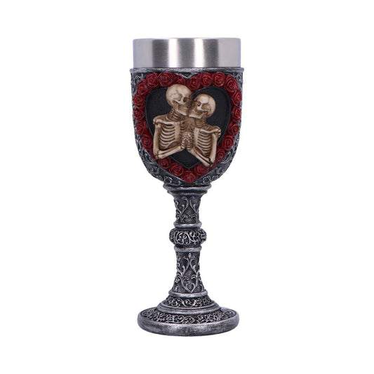 A decorative goblet shows two skeletons embracing, framed by a heart and red roses. The stem and base are silver and ornately patterned. The cup is stainless steel.